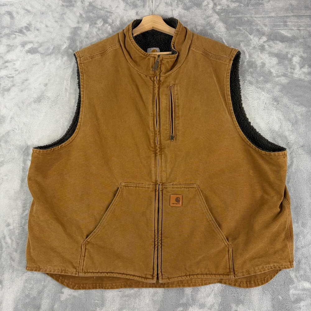 Carhartt Vest Mens 3XL Brown Sherpa Lined Full Zip Duck Canvas Workwear V33 211